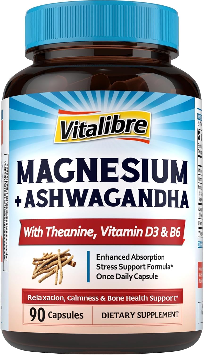 Vitalibre Magnesium Complex with Ashwagandha, L-Theanine & Vitamin D3, B6 | Stress Relief, Bone & Relaxation Support - w/ Magnesium Glycinate, Citrate, Malate, Taurate - Non-GMO, 90 Capsules