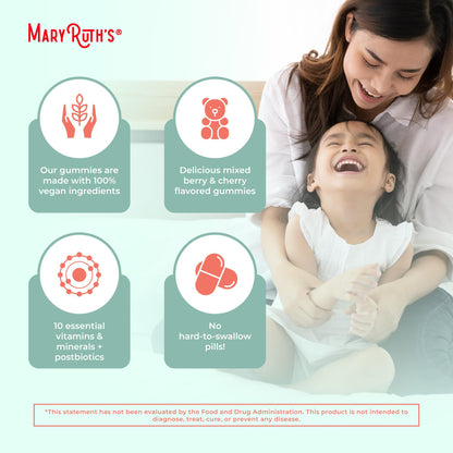 MARYRUTH'S Kids Vitamins USDA Organic | Multivitamin Gummies + Postbiotics for Ages 4+ | Multivitamin for Kids with Lactobacillus Rhamnosus | Children’s Vitamins | Vegan | Non-GMO | 60 Count