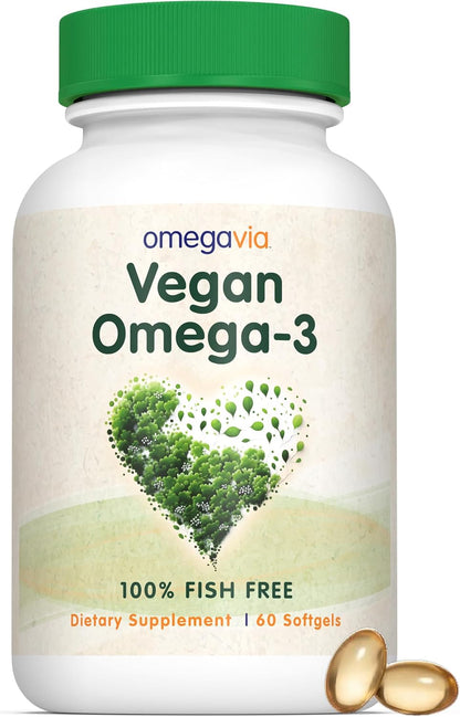 OmegaVia Vegan Omega 3 Supplement, Algae Omega 3 Fish Oil Alternative, 300mg Vegan DHA Fatty Acids, Plant Based, Planet and Ocean Friendly, IAOS 5 Star Tested, 60 Softgels