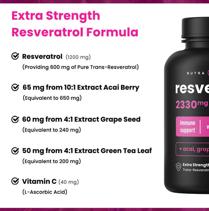 Resveratrol Complex – 1,200 mg Trans-Resveratrol with Grape Seed, Green Tea & Acai Berry – Rich in Polyphenols & Antioxidants - Support for Healthy Aging, Heart Health & Vitality – 60 Vegan Capsules