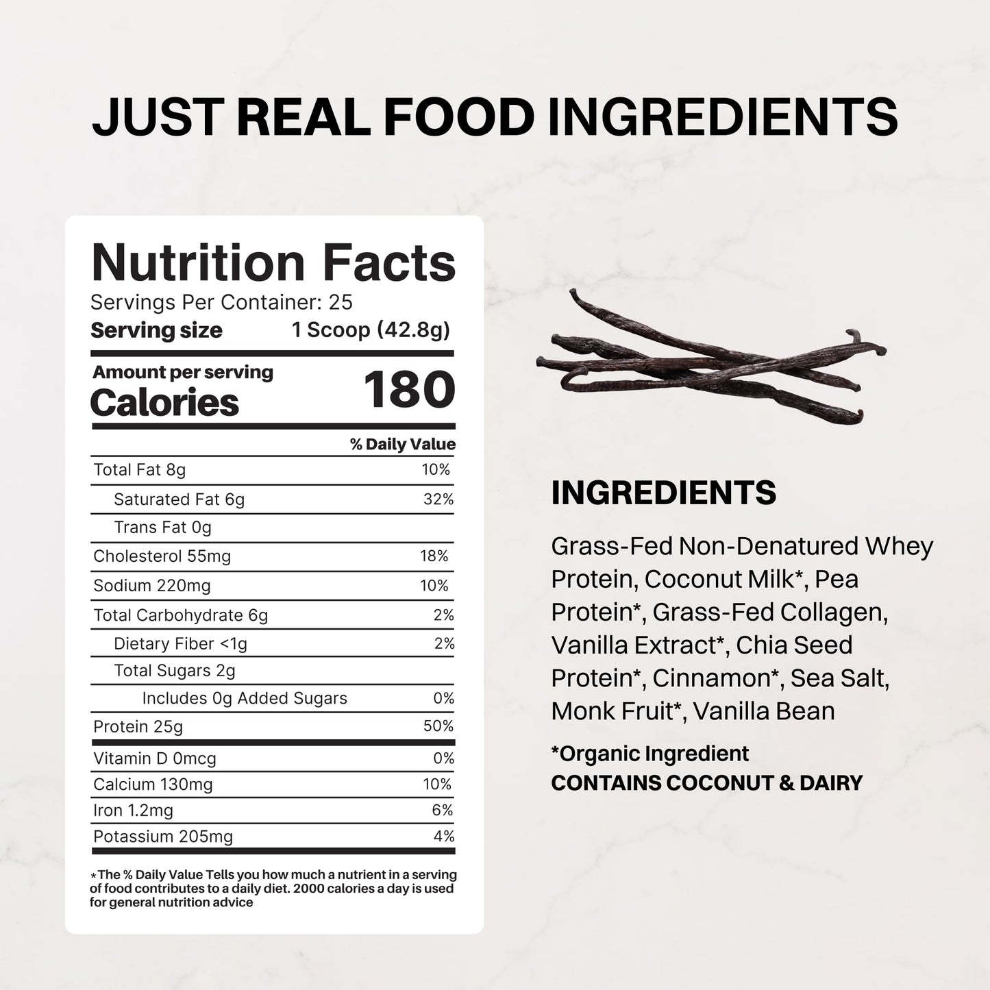JUST INGREDIENTS Vanilla Bean Protein Powder – 20-Serving Blend with 100% Grass-Fed Whey & Organic Plant Proteins – Real Vanilla Bean & Cinnamon – Supports Muscle Recovery, Energy*