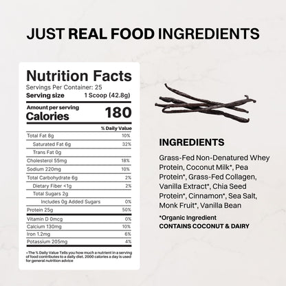 JUST INGREDIENTS Vanilla Bean Protein Powder – 20-Serving Blend with 100% Grass-Fed Whey & Organic Plant Proteins – Real Vanilla Bean & Cinnamon – Supports Muscle Recovery, Energy*