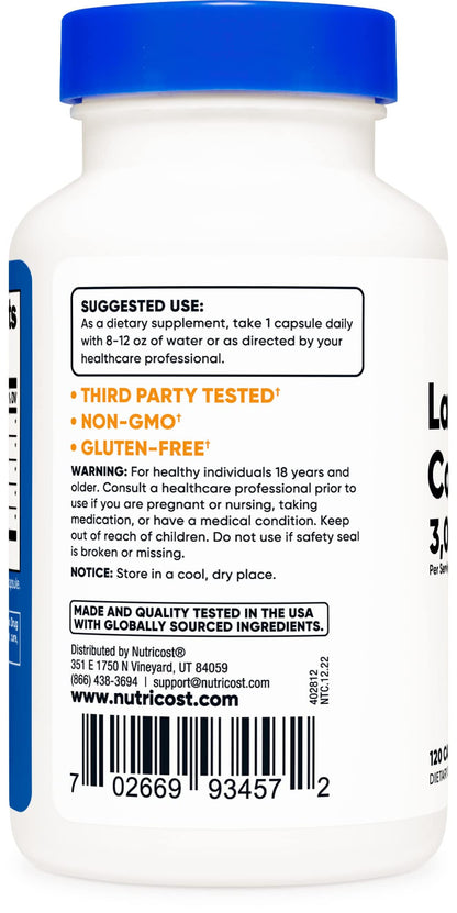 Nutricost Lactase Enzyme Complex 3,000 FCC ALU, 120 Vegetarian Capsules - Non-GMO