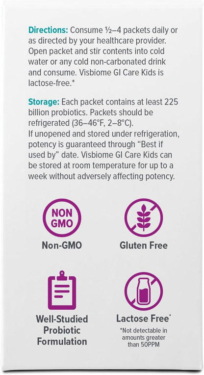 Visbiome® GI Care Kids Probiotic, 225B CFU, Wild Berry, 30 Packets | Original De Simone Formulation®, Multi-Strain, Refrigerated Probiotics, Low FODMAP Certified, Dye-Free, Made in USA