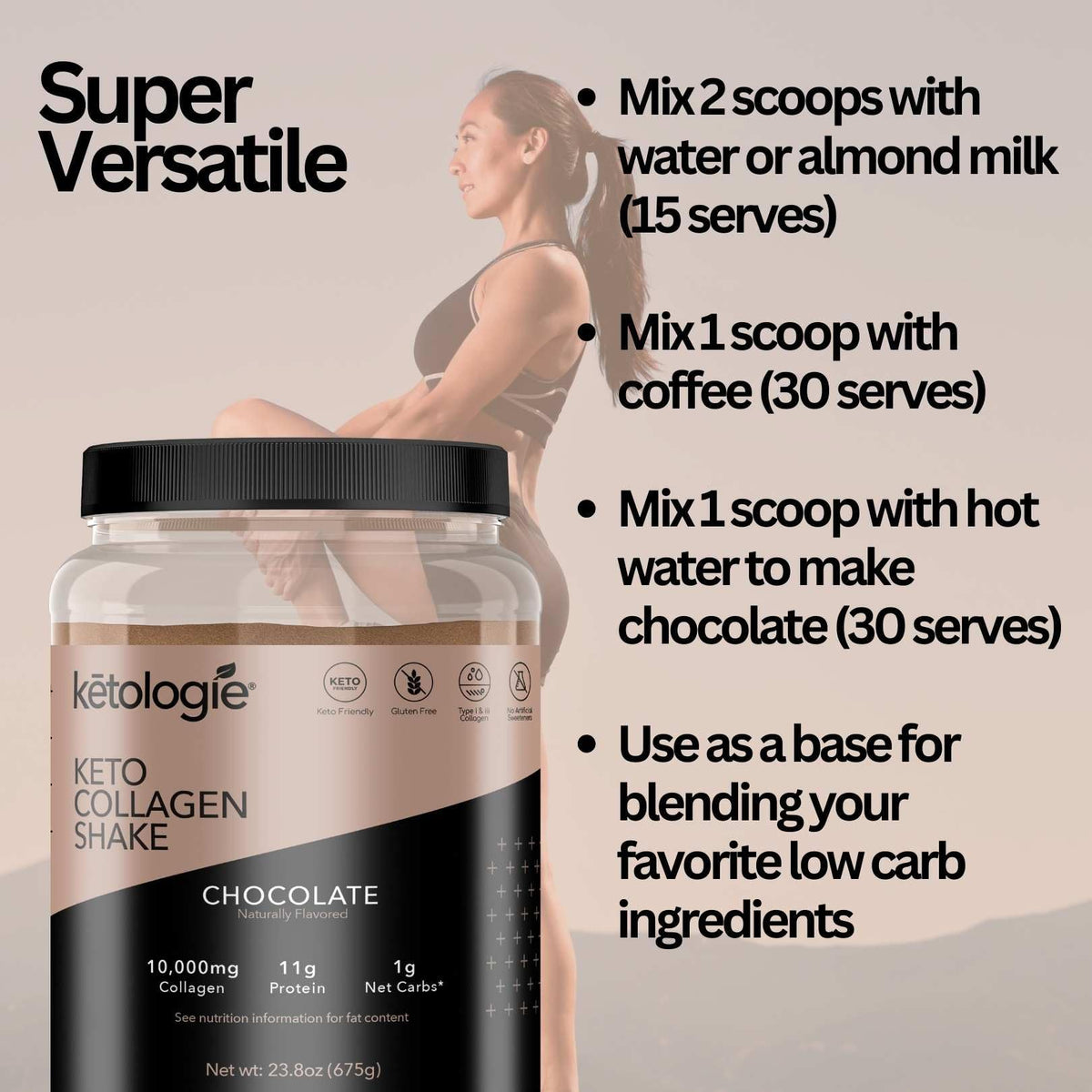 Ketologie Keto Collagen Shake (Chocolate) - with Coconut Oil, Prebiotics, Grass-Fed Hydrolyzed