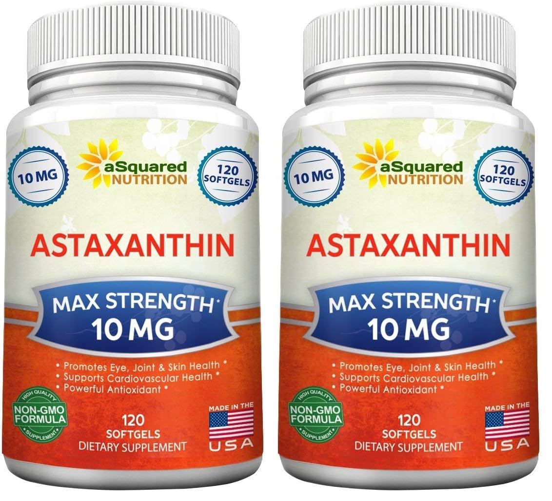 aSquared Nutrition Astaxanthin Supplement - Natural Astaxanthin Pills from Haematococcus Pluvialis Extract for Pure Energy - Max Strength 10mg - 120 Softgels