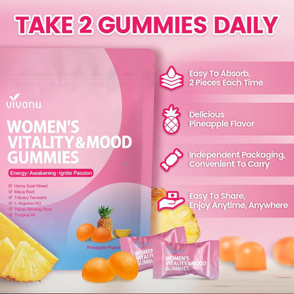 VivoNu Women Mood Gummies, Pineapple Flavor,Vegan,Non-GMO&Sugar-Free,60 Count