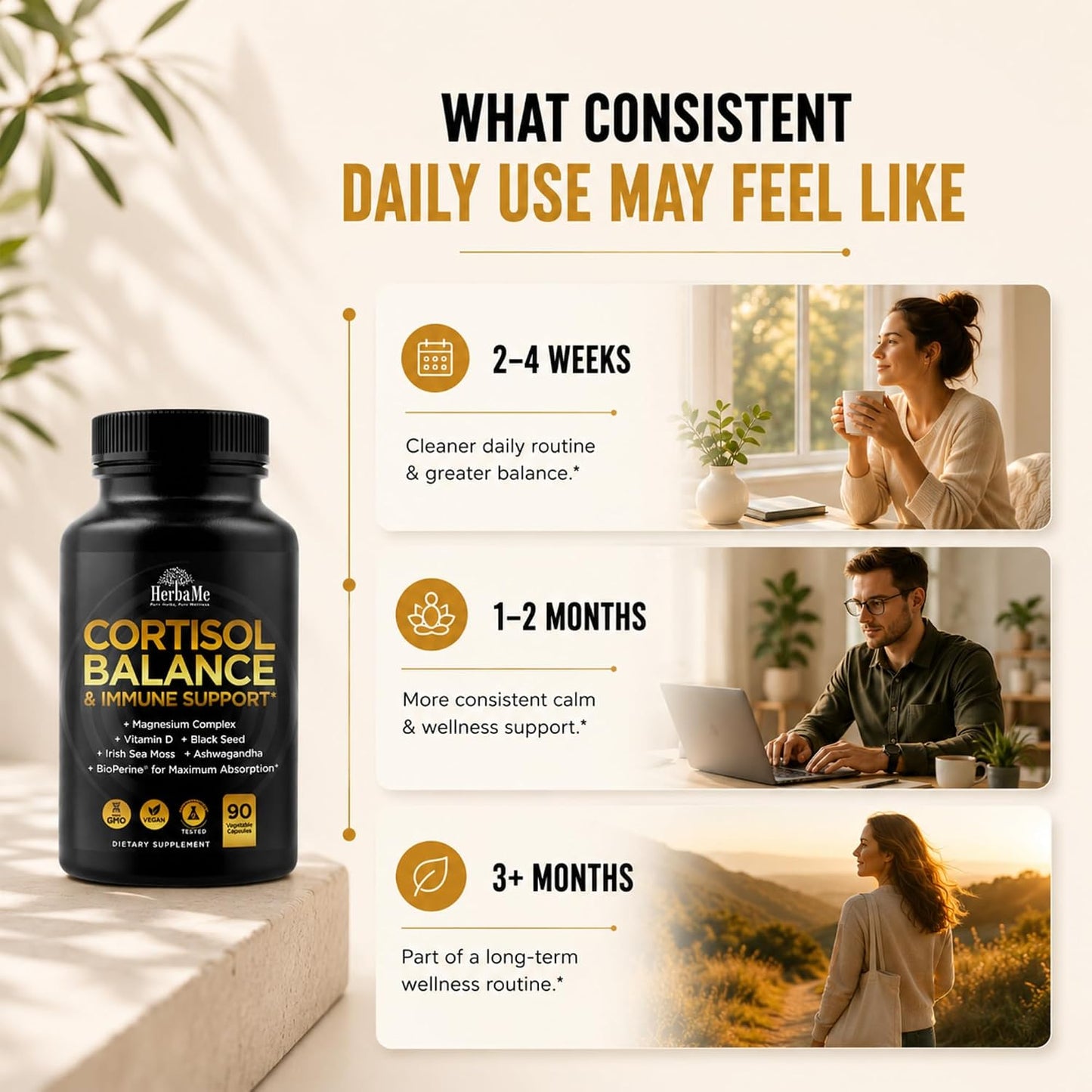 HerbaMe Stress Support Supplement for Calm Mood & Balanced Energy – Supports Healthy Cortisol Levels & Nervous System Function – Ashwagandha, Magnesium, Vitamin D, Black Seed, Sea Moss, 90 Capsules