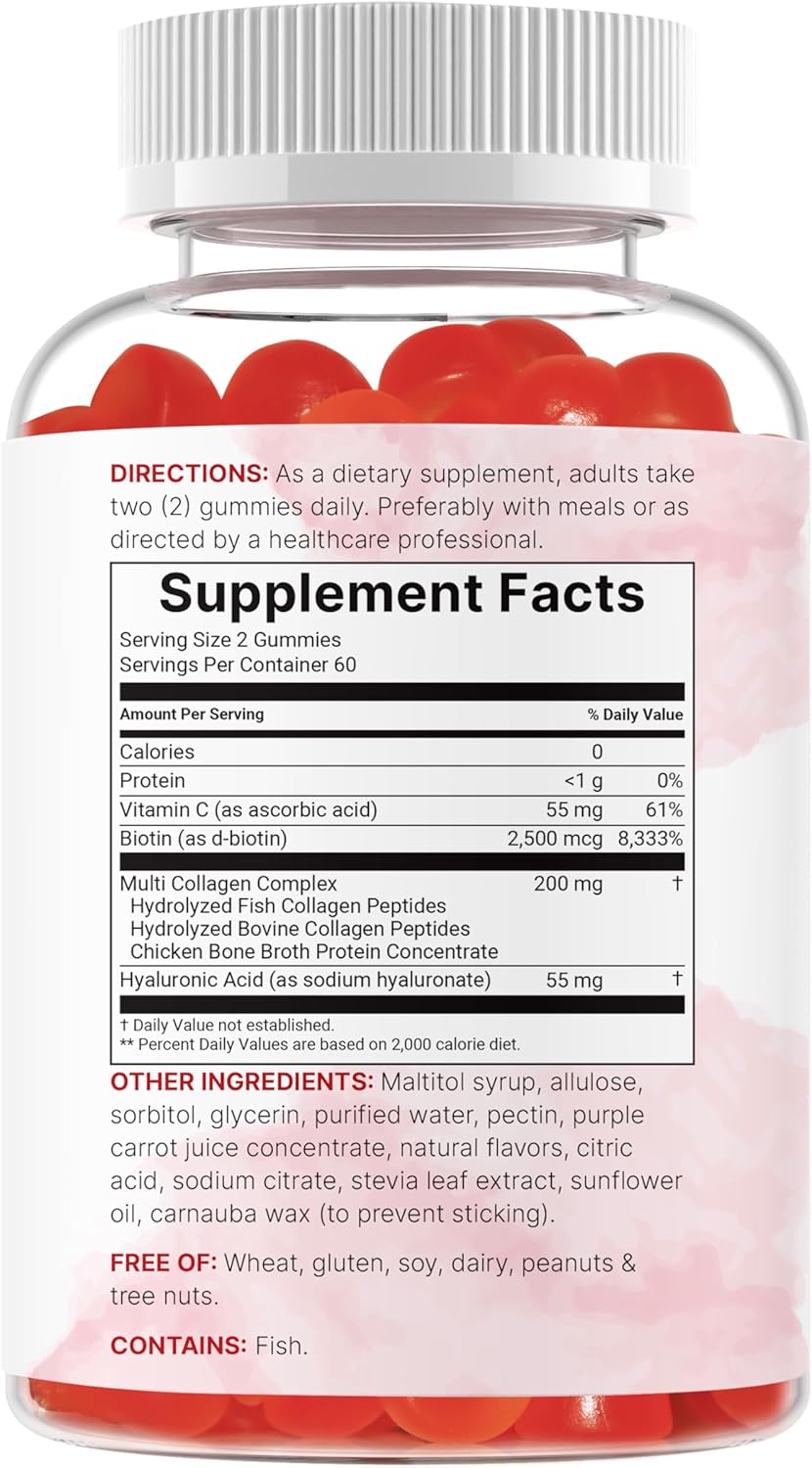 Micro Ingredients Multi Collagen Peptides, 120 Collagen Gummies | Type I,II,III,V,X Protein with Biotin, Hyaluronic Acid, & Vitamin C Complex | Pomegranate & Berry Flavored | Sugar Free, Non-GMO