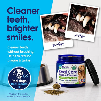 Dog Teeth Cleaning Powder, Dog Plaque and Tartar Remover, Bad Breath Treatment for Dogs with USDA Organic Sea Kelp Powder, Dog Dental Care Made Easy, for All Ages, 6oz
