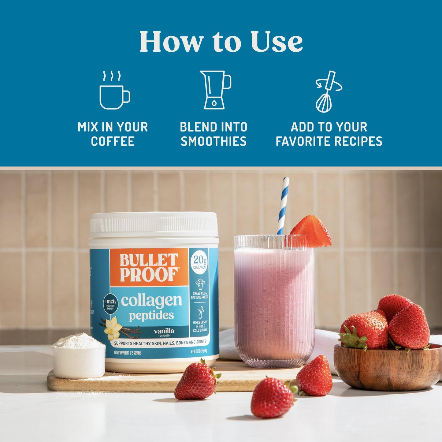 Bulletproof Unflavored Collagen Peptides Powder, 20g Grass-Fed Collagen Protein and Amino Acids for Skin, Bones and Joints, 17.6 Ounces