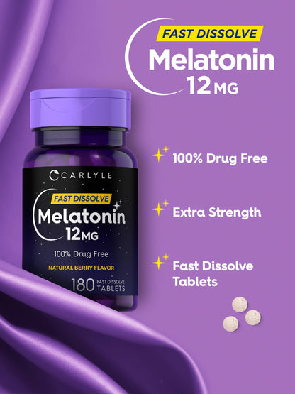 Carlyle Melatonin 12 mg Fast Dissolve 300 Tablets | Drug Free | Natural Berry Flavor | Vegetarian, Non-GMO, Gluten Free