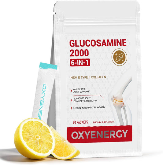 OxyEnergy Glucosamine Chondroitin MSM 2000 mg Joint Support Supplement | 6 in 1 Formula with MSM, Hyaluronic Acid & Chondroitin Sulfate, Advanced Joint Support & Repair, Fast Absorbing,30 Packets