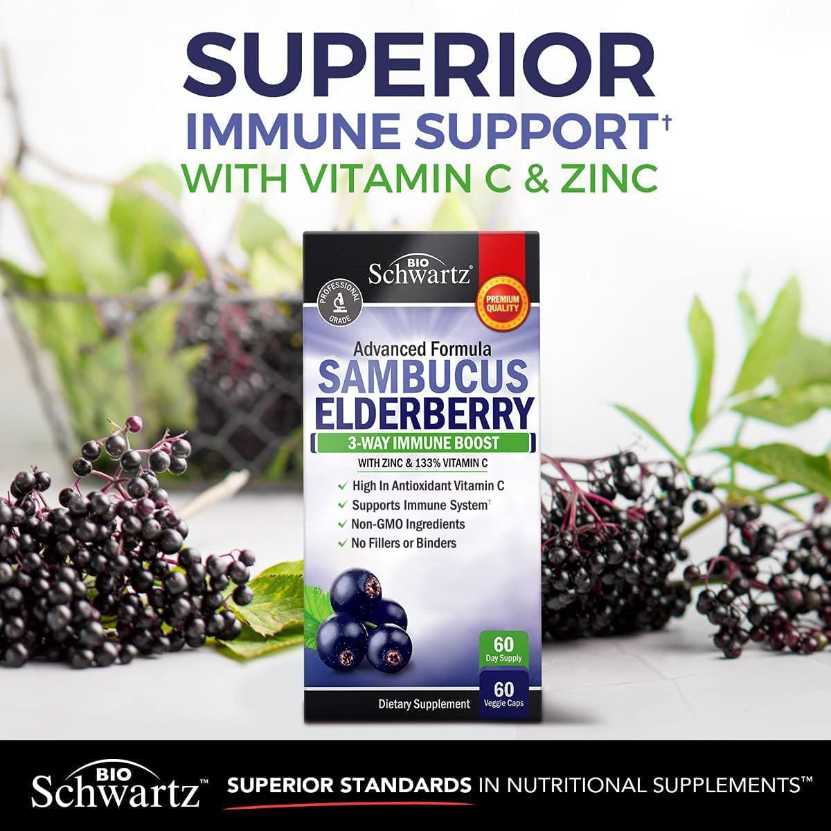 Elderberry Capsules with Zinc and Vitamin C for Adults, 60 Count