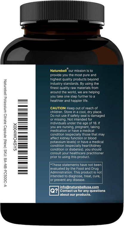 NatureBell Potassium Citrate 99mg, 500 Capsules - Chelated Mineral Supplements - Non-GMO, Gluten Free