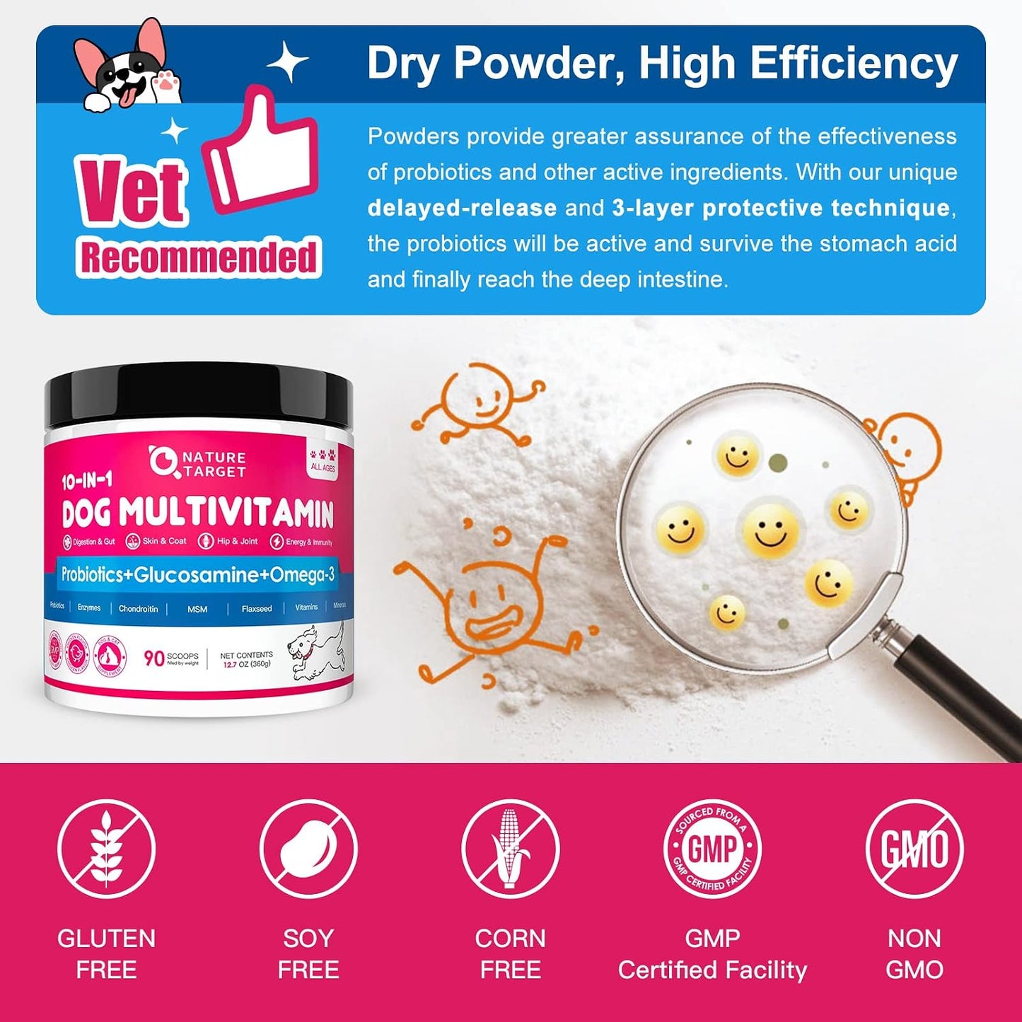 NATURE TARGET Dog Vitamins Powder, Probiotics & Digestive Enzymes for Gut Health, Glucosamine & Chondroitin & Omega 3, Complete Supplement for Homemade Dog Food, Joint & Skin & Immune Support | Probiotics & Digestive Enzymes for Gut Health, Glucosamine &