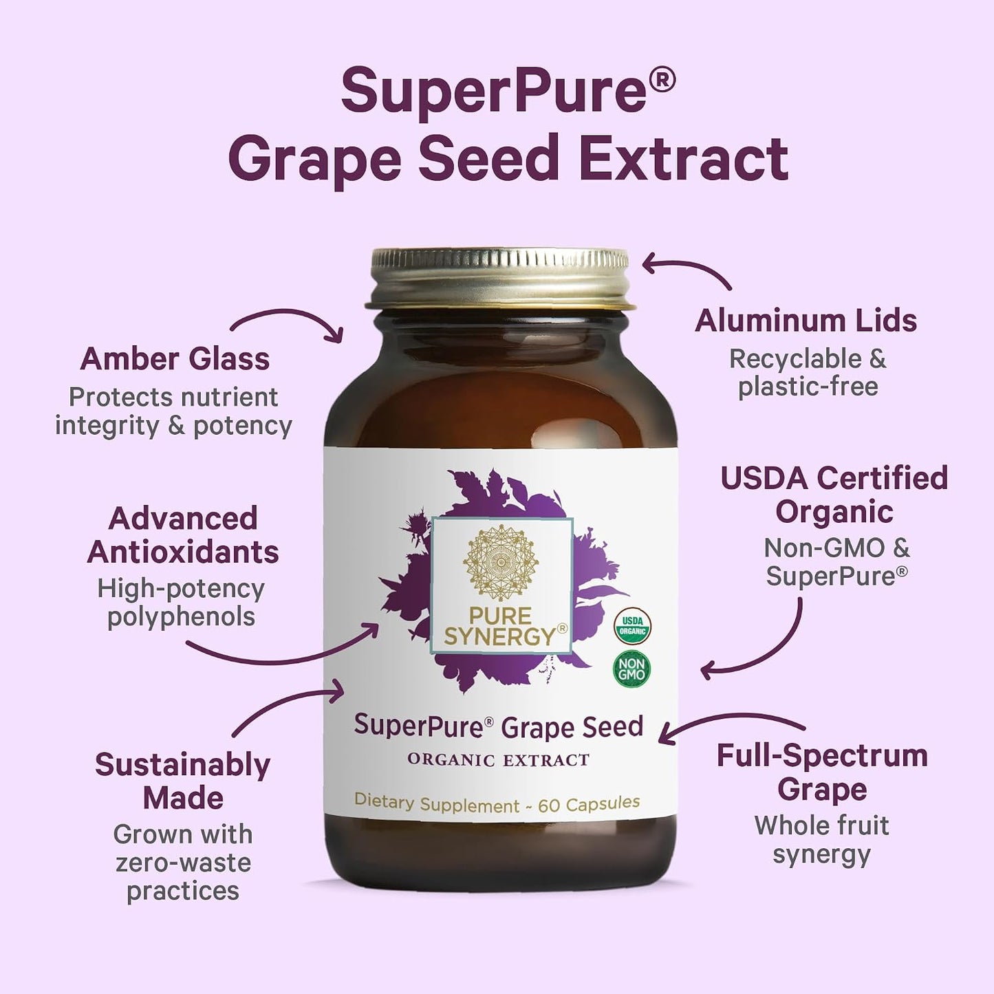 Pure Synergy SuperPure Grape Seed Extract | Organic Grape Seed Polyphenols Supplement with Whole Fruit | for Heart Health, Skin, and Healthy Aging Support (60 Capsules)