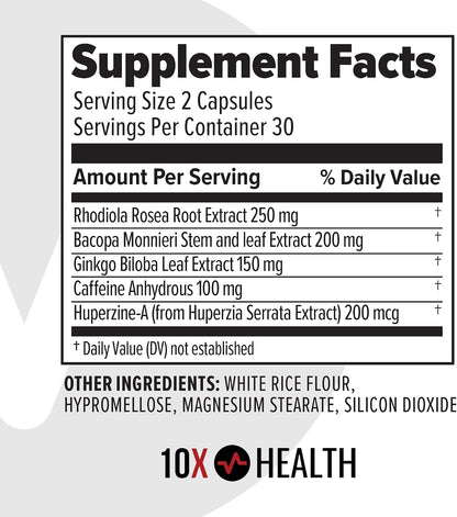10X Health Focus Supplement - 60 Capsules | Brain Supplements for Memory and Focus: Rhodiola Rosea & Huperzine A, Memory Support, 60 Capsules, Non-GMO