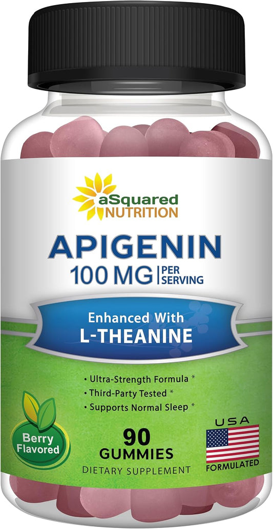 aSquared Nutrition Apigenin 100mg with L-Theanine 100mg Gummies - Apigenin Supplement for Sleep - Natural Extract Gummy Alternative to Capsules, Pills, Powder & Tea - 2 Per Serving