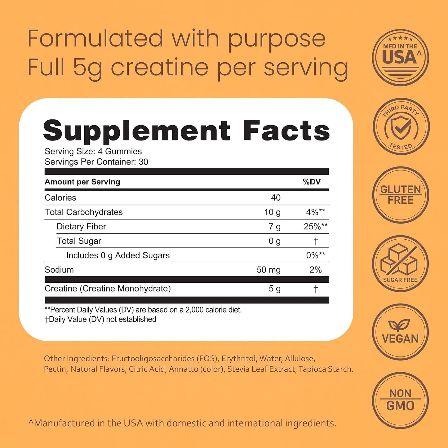NaturaLife Labs Creatine Monohydrate Gummies - 5g per Serving - Tangerine Flavor - 120 Gummies - Gluten-Free, Non-GMO, Vegan, Sugar Free