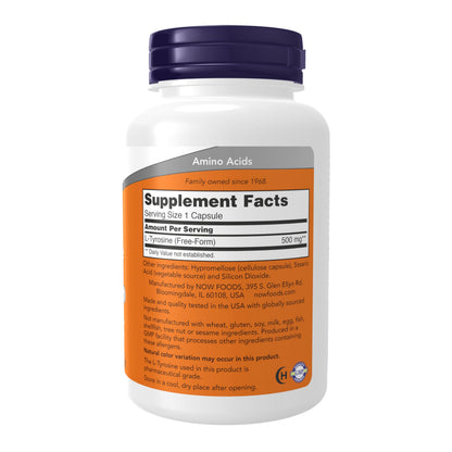 NOW Supplements, L-Tyrosine 500 mg, Supports Mental Alertness*, Neurotransmitter Support*, 120 Capsules