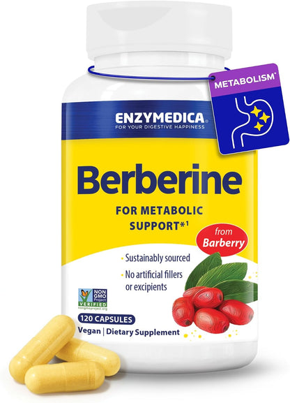 Enzymedica Berberine HCl Supplement 510 mg - Berberine Capsules for Men & Women, Natural Metabolic Health Support, Vegan, Gluten Free, Non-GMO - 120 Targeted Release Caps