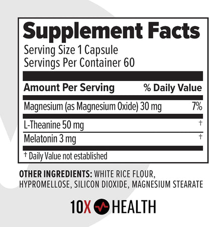 10X Health Sleep Supplement - 60 Capsules | Melatonin 3mg: L-Theanine & Magnesium, 3-in-1 Natural Sleep Support, 60 Capsules