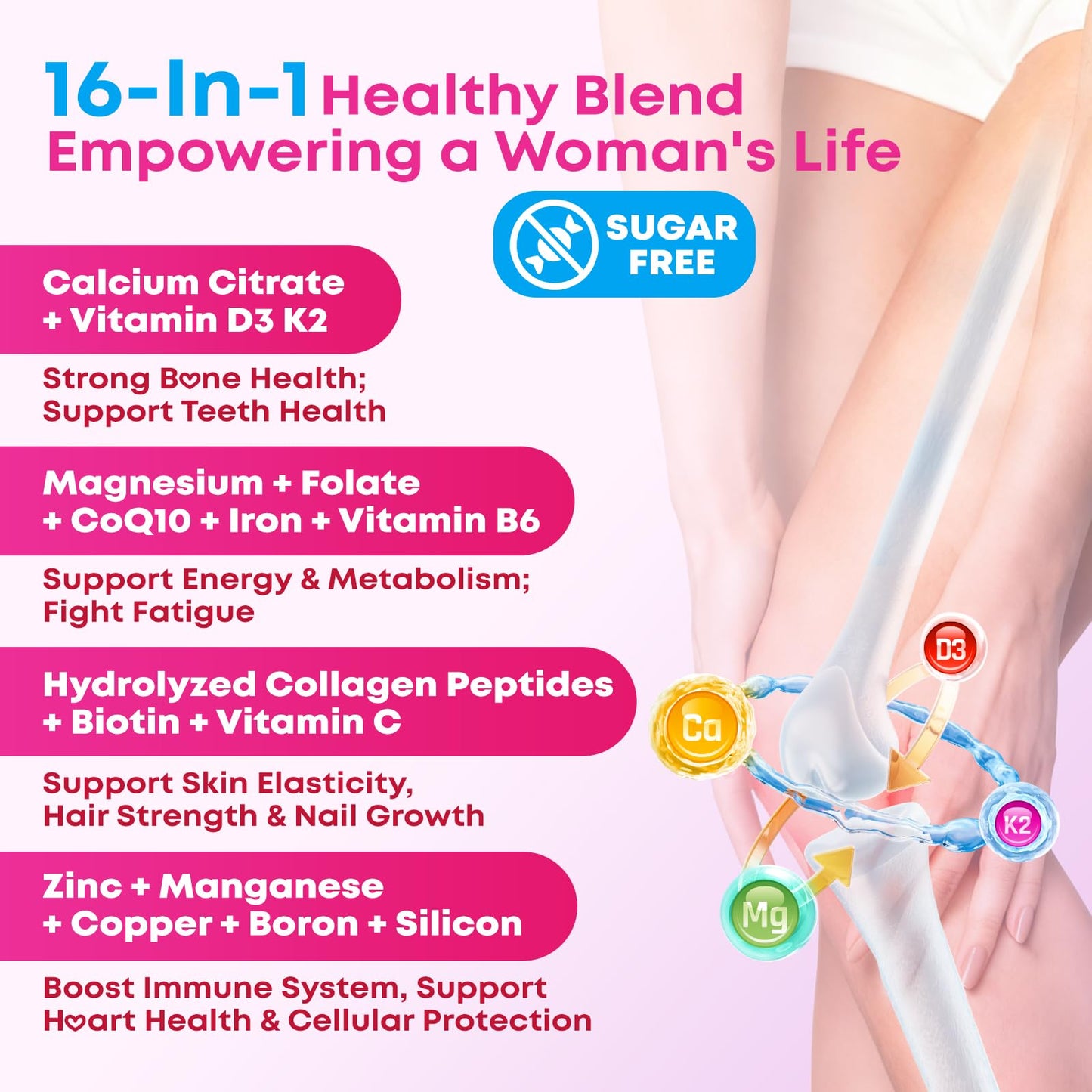 Calcium Gummies for Women, Calcium Citrate 1200mg with Vitamin D3 K2, Collagen & Biotin, B0ne, Teeth, Immune & Hormone Support, Sugar Free, Non-GMO, Gluten-Free, Strawberry Flavor, 90 Count