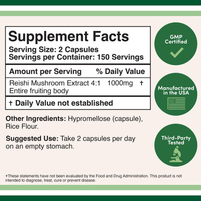 Reishi Mushroom Capsules (4:1 Ganoderma Extract, 1,000mg Red Reishi Powder Servings)