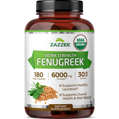 Zazzee USDA Organic Fenugreek 30:1 Extract, 120 Vegan Capsules, 4 Month Supply, Breastfeeding & Lactation Support for Nursing Mothers, Organic Herbal Supplement, All-Natural, Non-GMO, Made in the USA