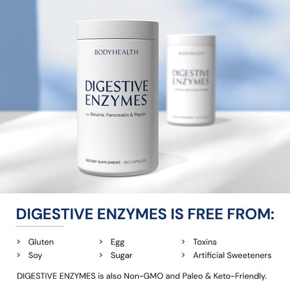 BodyHealth Digestive Enzymes Full Spectrum Digestive Support (180 caps), Betaine, Pepsin, Pancreatin BPP Loaded with Enzymes and Probiotics, Relief for Stomach Bloating, Heartburn, Gas, Constipation