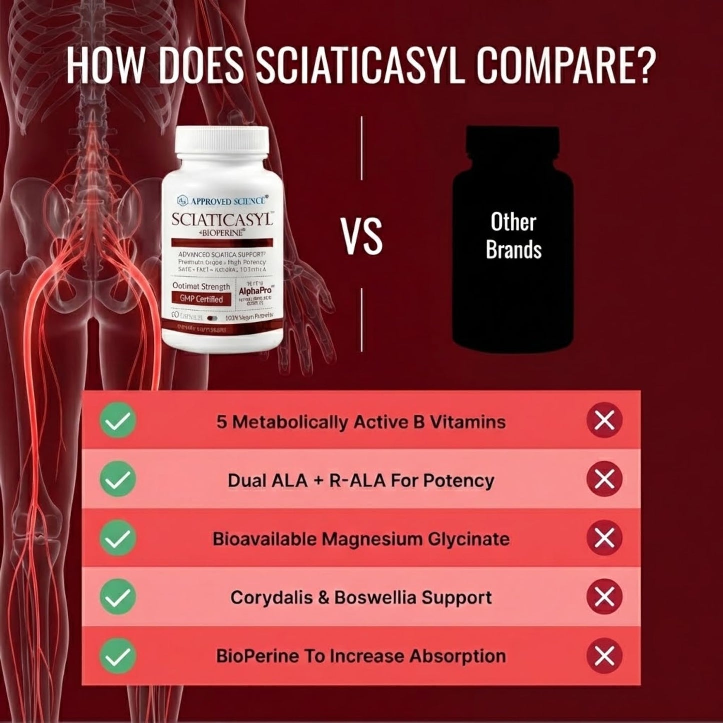 Approved Science Sciaticasyl - Optimal Sciatic Nerve Support - B Vitamins, Magnesium, Alpha-Lipoic Acid, BioPerine - Vegan - 60 Capsules