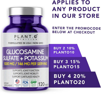 PLANT.O NUTRITION Glucosamine Sulfate with Potassium | Strong Joint Support Supplement | Supports Cartilage and Connective Tissues | Aids Knee and Bone Structure | 120 Tablets