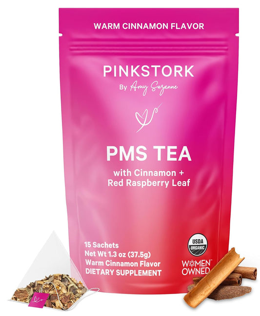 Pink Stork Organic PMS Tea for Hormone Balance, Mood Swings, Bloating, and Period Regularity - 8 Herbs - Vitex, Red Raspberry Leaf, Chamomile - Caffeine-Free - 15 Sachets, Hot or Iced