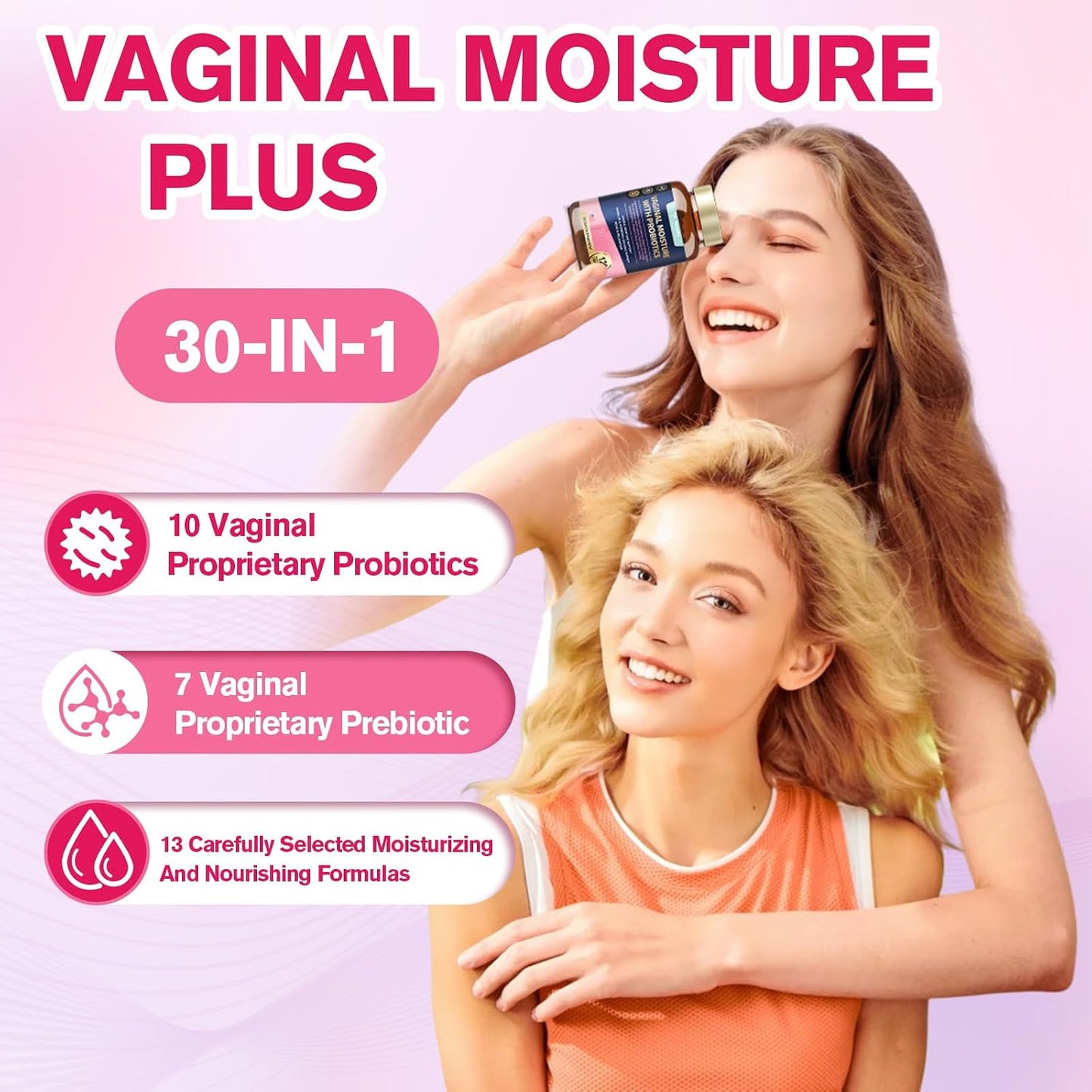 Vaginal Probiotics for Women Vaginal Moisturizer, pH, Odor, Flora, Hormones, Comfort, Mood & Relaxation, 30-in-1 Vaginal Moisture Plus with Slippery Elm Bark, Hyaluronic Acid, Fenugreek - 120 Caps