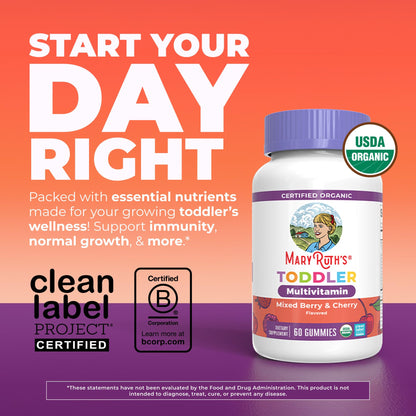 MaryRuth's Toddler Multivitamin Gummies | USDA Organic | 2 Month Supply | Kid & Toddlers Age 2+ Daily Multivitamin: Vitamin C, D3, Zinc | Kids Vitamins | Only 1 Gummy Per Day | 60 Ct (60 Day Supply)