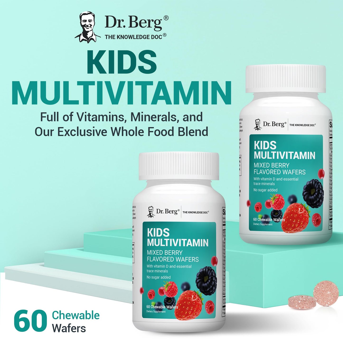 Dr. Berg Kids Chewable Multivitamins (NOT Sweetened w/Sugar) - Daily Multivitamin for Kids that Includes 20 Nutrients & Trace Mineral Complex - Mixed Berry Chewable Vitamins for Kid - Red Wafers
