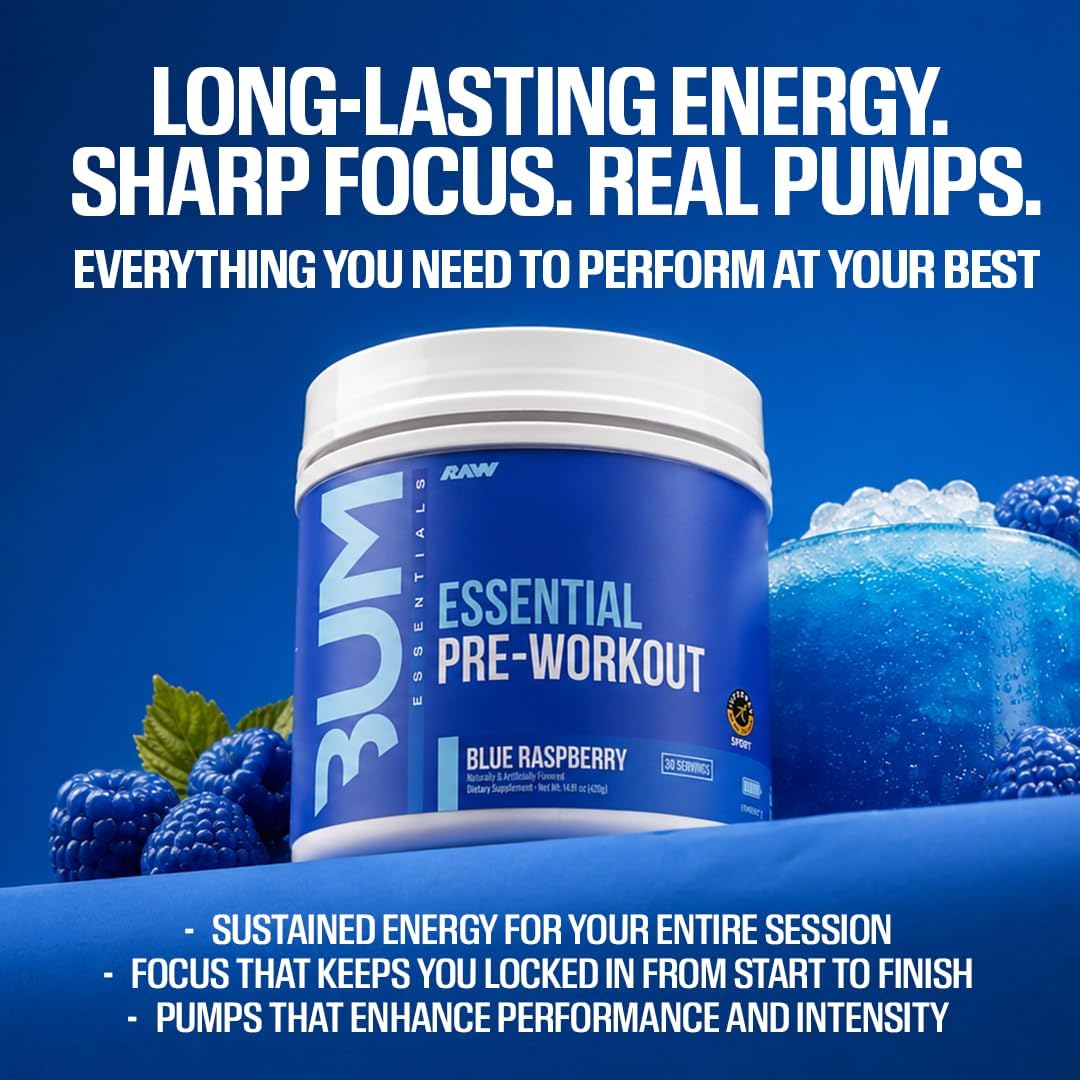 RAW Nutrition - Essential Pre - Chris Bumstead Pre Workout Formula, Sports Nutrition Pre-Workout Powders | Men & Womens Drink, Energy Powder for Working Out (Blue Raspberry)
