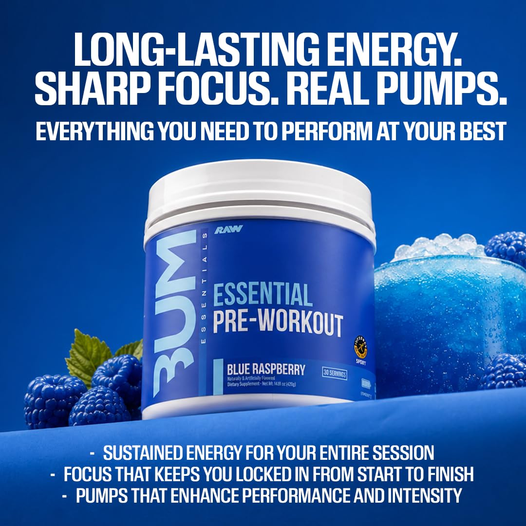 RAW Nutrition - Essential Pre - Chris Bumstead Pre Workout Formula, Sports Nutrition Pre-Workout Powders | Men & Womens Drink, Energy Powder for Working Out (Blue Raspberry)