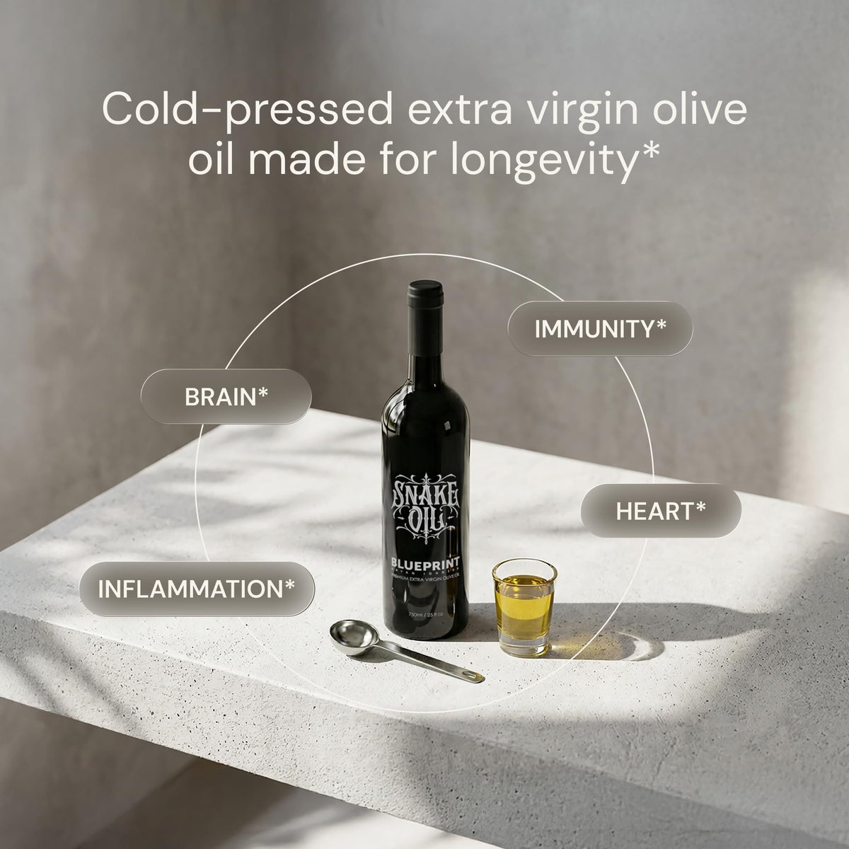 Blueprint Bryan Johnson Olive Oil – Snake Oil- High Polyphenol Extra Virgin Olive Oil (400+ mg/kg) – Cold Pressed, Early Harvest, First Cold Press EVOO – Keto, Paleo, Non-GMO – 750ml Glass Bottle