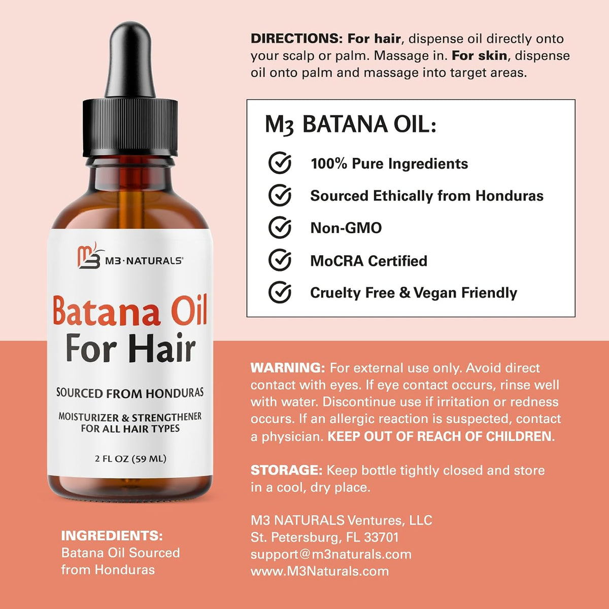 M3 Naturals Vegan Batana Oil | Unrefined Batana Oil for Hair & Skin | Supports Healthy Skin & Collagen Production | 100% Pure Batana & Non-GMO | 2 FL OZ (59 ML)