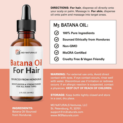 M3 Naturals Vegan Batana Oil | Unrefined Batana Oil for Hair & Skin | Supports Healthy Skin & Collagen Production | 100% Pure Batana & Non-GMO | 2 FL OZ (59 ML)