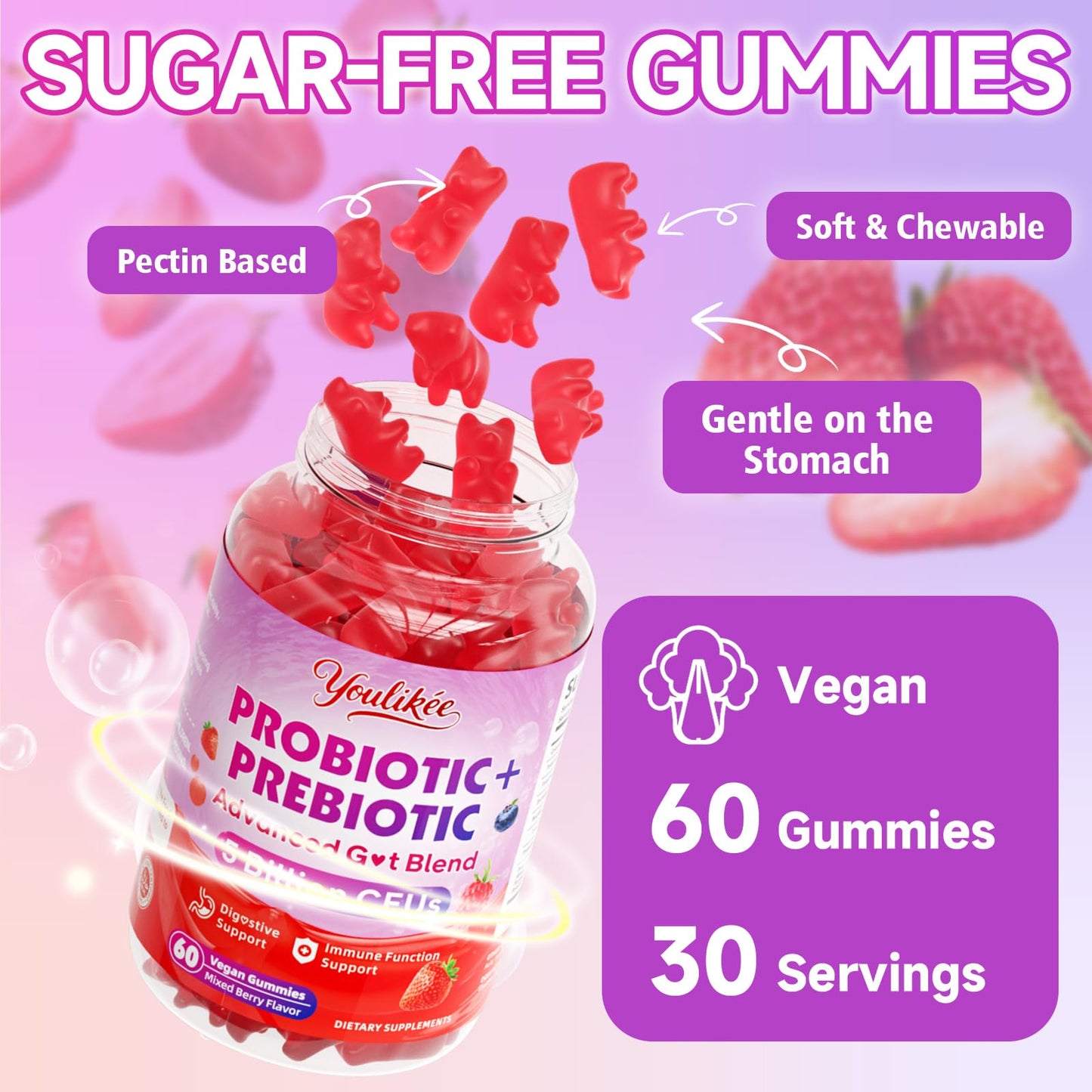 2 Pack Prebiotic + Probiotic Gummies, 5 Billion CFUs with Fibers | Probiotic Gummies for Gut Health Support, Vegan, Sugar-Free, 120 Count