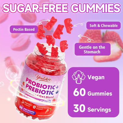 2 Pack Prebiotic + Probiotic Gummies, 5 Billion CFUs with Fibers | Probiotic Gummies for Gut Health Support, Vegan, Sugar-Free, 120 Count