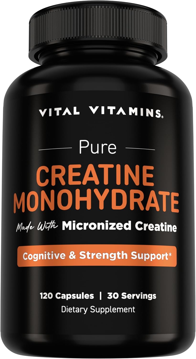 Vital Vitamins Creatine Monohydrate Pills, 3g for Women & Men | Supports Muscle Health, Energy & Cognitive Clarity, Micronized, Easy to Swallow, Non-GMO, 120 Capsules