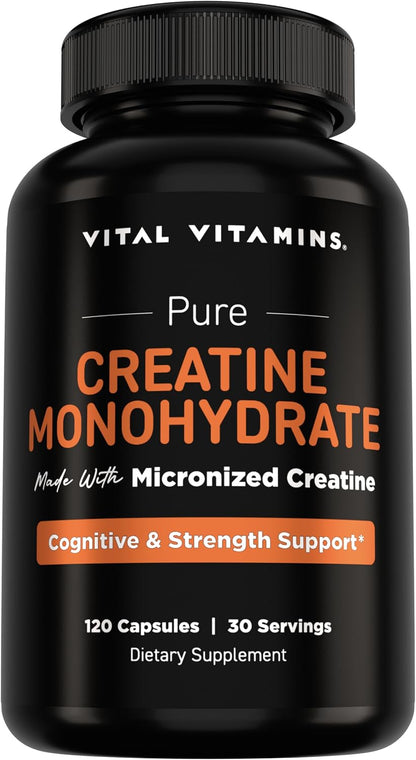 Vital Vitamins Creatine Monohydrate Pills, 3g for Women & Men | Supports Muscle Health, Energy & Cognitive Clarity, Micronized, Easy to Swallow, Non-GMO, 120 Capsules