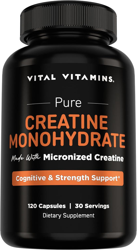 Vital Vitamins Creatine Monohydrate Pills, 3g for Women & Men | Supports Muscle Health, Energy & Cognitive Clarity, Micronized, Easy to Swallow, Non-GMO, 120 Capsules
