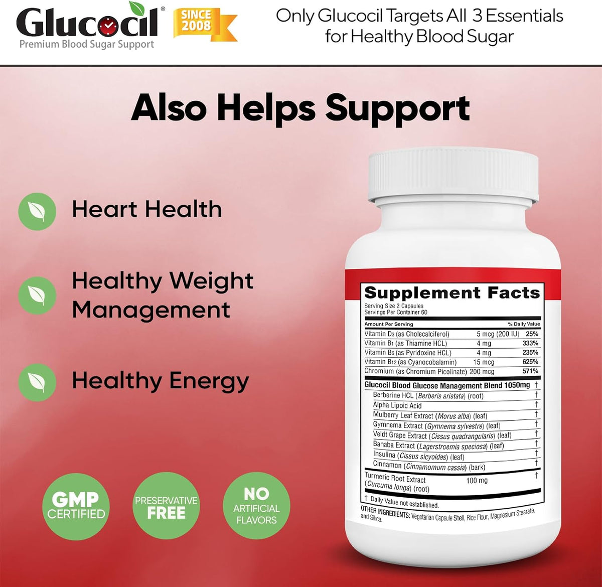 Glucocil – Vegetarian Capsules - Premium Blood Sugar Support - Supports the 3 Essentials for Healthy Blood Sugar - with Berberine, Proprietary Mulberry Leaf, and More
