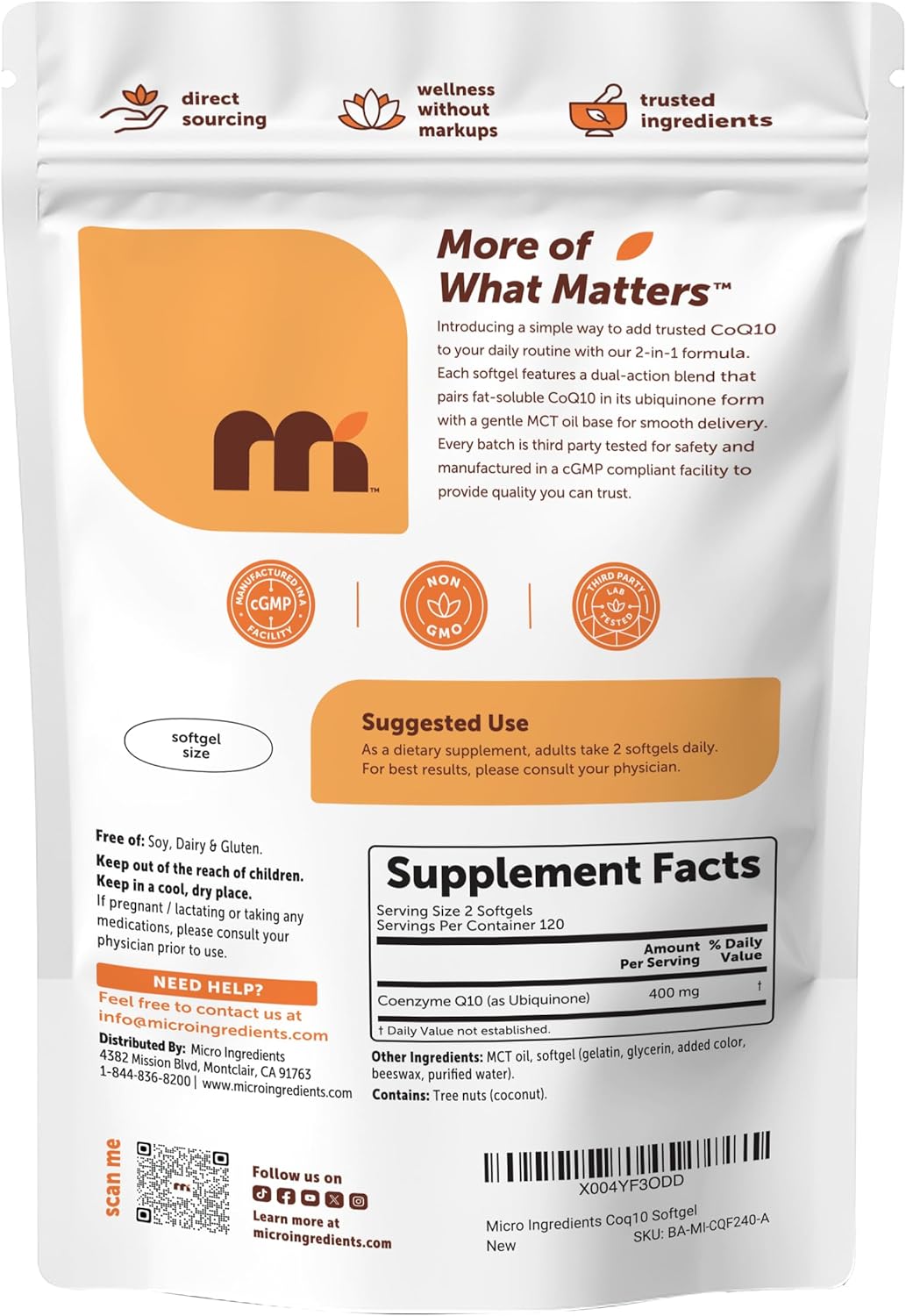 Micro Ingredients CoQ10 400 mg Per Serving, 240 Softgels | Made with Coconut MCT Oil | Coenzyme Q10 (Ubiquinone) | Non-GMO