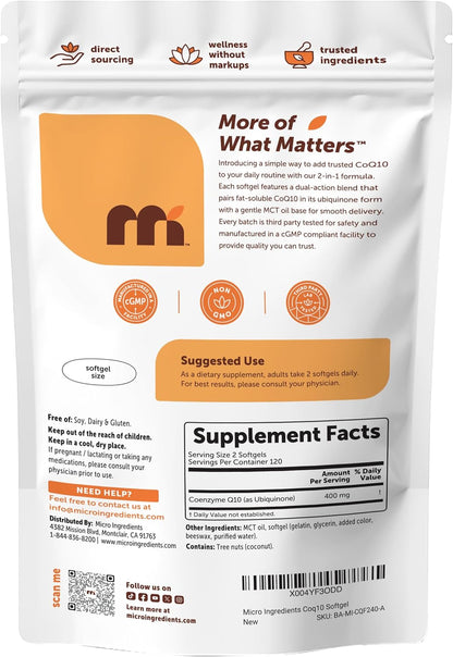 Micro Ingredients CoQ10 400 mg Per Serving, 240 Softgels | Made with Coconut MCT Oil | Coenzyme Q10 (Ubiquinone) | Non-GMO